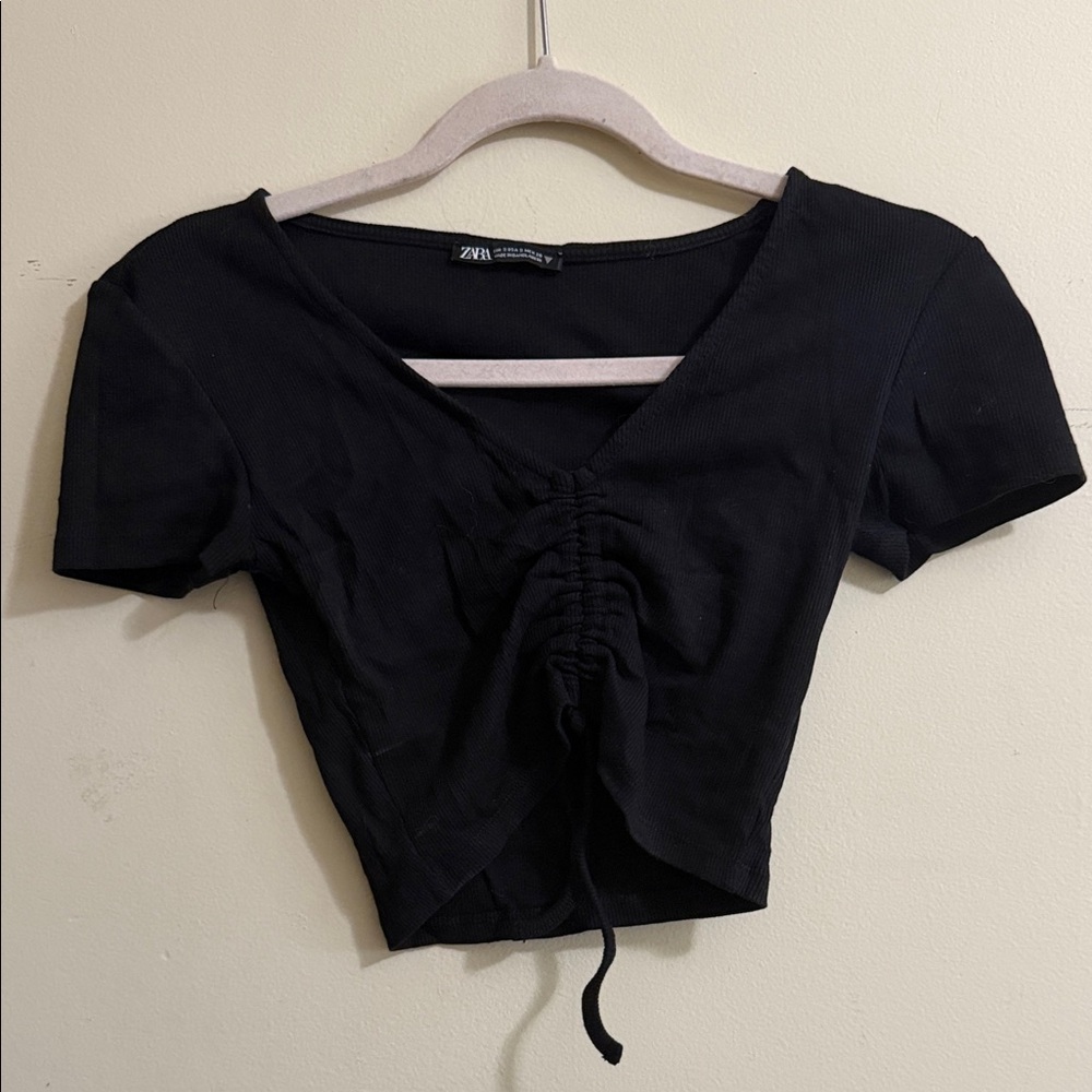 Zara Black Ruched Drawstring V-Neck Crop Top